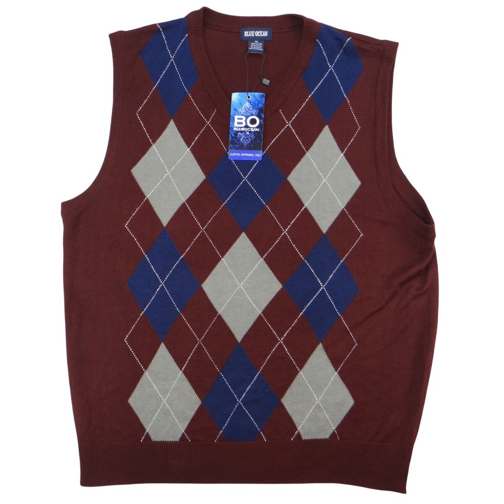 NWT-Blue Ocean Mens Burgundy Argyle V‎ Neck Sweater Vest XL Acrylic Sleeveless
